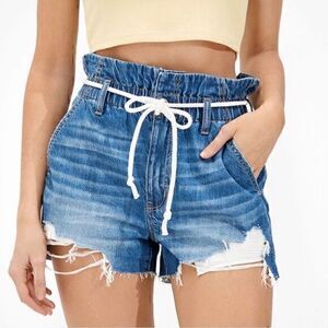 American Eagle Womens Blue Distressed Stretch Waist High Rise Mom Shorts Size 00